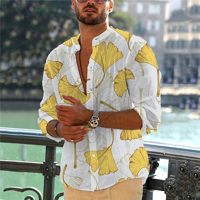 

Men's Shirt 3D Print Leaves Stand Collar Casual Daily Button-Down Print Long Sleeve Tops Casual Fashion Designer Comfortable Yellow
