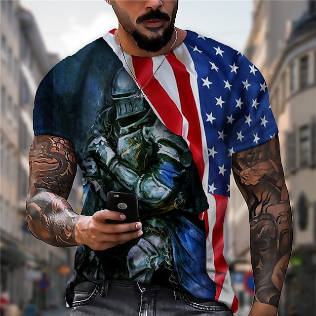 

Men's Unisex T shirt 3D Print Graphic Prints Soldier National Flag Crew Neck Street Daily Print Short Sleeve Tops Casual Designer Big and Tall Sports Blue