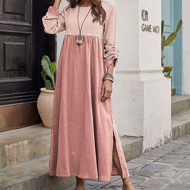 

Women's A Line Dress Maxi long Dress Green Blue Gray Purple Pink Long Sleeve Color Block Split Patchwork Spring Summer Crew Neck Casual 2022 S M L XL XXL 3XL 4XL 5XL