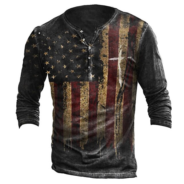 

Men's Unisex Henley Shirt T shirt 3D Print Graphic Prints National Flag Henley Street Daily Button-Down Print Long Sleeve Tops Basic Casual Fashion Retro Gray