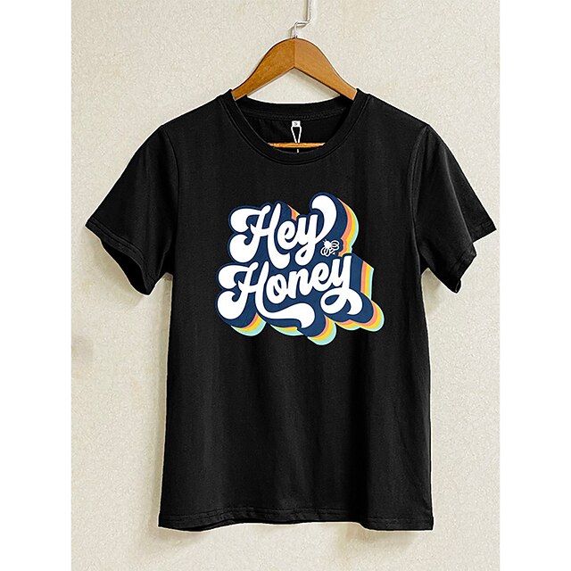 

Women's Painting T shirt Text Print Round Neck Basic Tops Black Dark Gray Yellow
