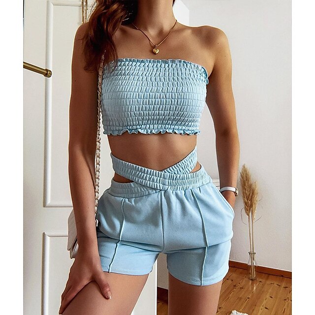 

Women's Basic Plain Sport Casual Two Piece Set Tube Top Shorts Sets Shorts Tops