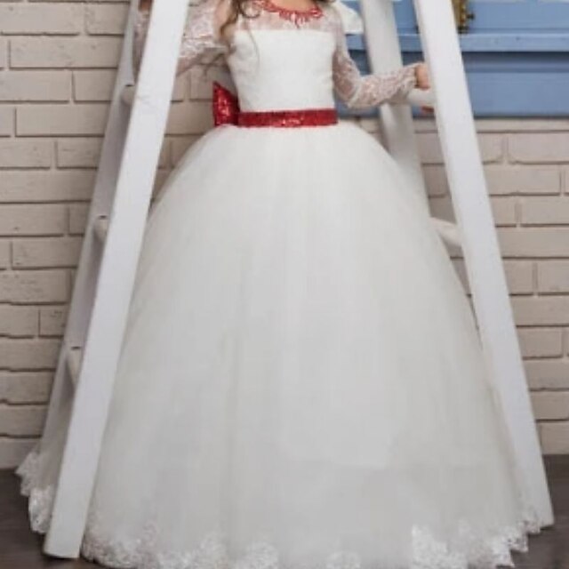 

Kids Little Girls' Dress Sequin A Line Dress Wedding Performance Mesh Lace Bow White Asymmetrical Long Sleeve Princess Sweet Dresses Fall Spring Regular Fit 4-13 Years