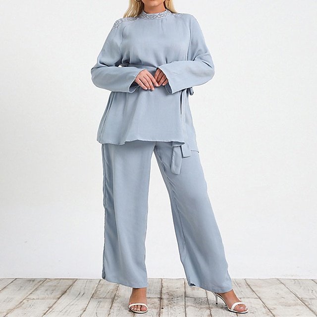 

Women's Plus Size Tops Set Plain Lace up Long Sleeve High Neck Streetwear Daily Going out Linen Spring Summer LightBlue