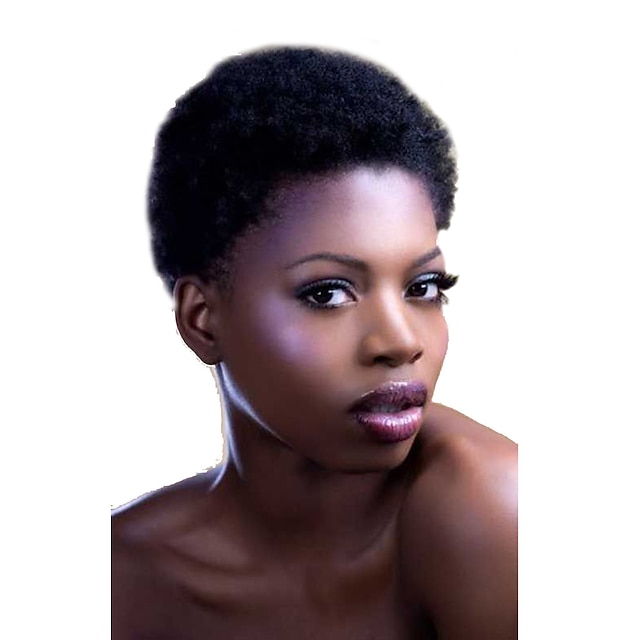  Kurze lockige Echthaar-Perücke, Afro-Perücke, verworren, im afrikanischen Stil für schwarze Frauen, keine Spitze, Remy-Lockenperücke, voll maschinell hergestellte Perücke