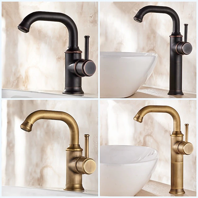 Bathroom Sink Mixer Faucet Vintage Deck Mounted, 360 Swivel Rotatable Single Handle One Hole Monobloc Washroom Basin Taps with Hot and Cold Water Hose Antique Brass ORB 17