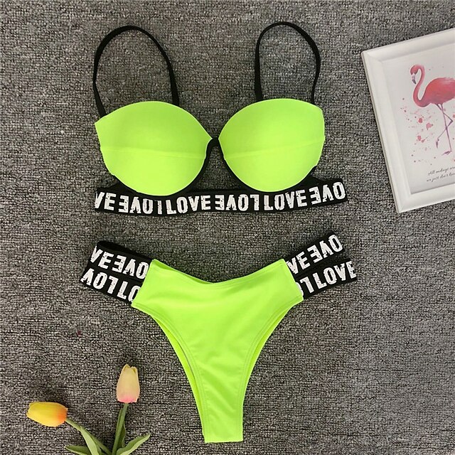 Womens Clothing Womens Swimwear | Womens Swimwear Bikini 2 Piece Normal Swimsuit Open Back Printing Letter Green Black Blue Yell