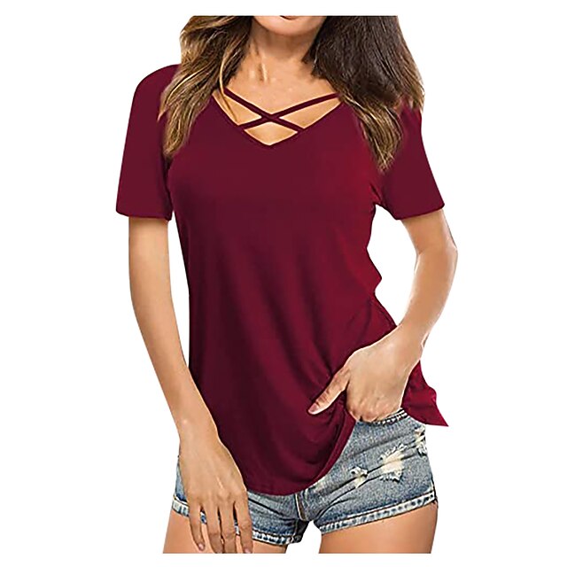 

Women's T shirt Plain V Neck Basic Tops Purple Wine Dusty Rose