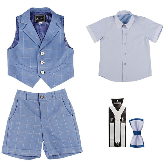 Baby & Kids Boys Clothing | Kids Boys Suit Vest Clothing Set 5 Pieces Short Sleeve Blue Plaid Special Occasion Formal Gentle 3-1