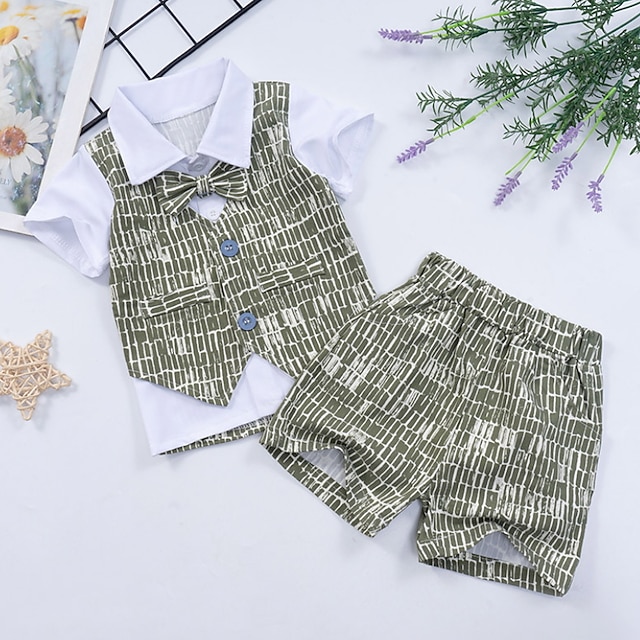 

Kids Boys Suit Vest Clothing Set 2 Pieces Short Sleeve Light Green Light Blue Plaid Bow Formal Indoor Casual Daily Regular 1-5 Years