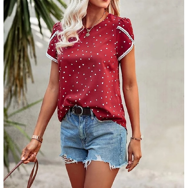 

Women's Blouse Polka Dot Lace Trims Print Round Neck Tops Green Blue White