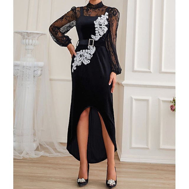 

Women's A Line Dress Maxi long Dress Black Long Sleeve Pure Color Chiffon Spring Summer Stand Collar Elegant Luxurious Elegant Cap Sleeve Mesh S M L XL / Party Dress / 3D Print