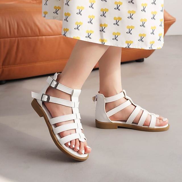 

Women's Sandals Lolita Flat Heel Open Toe Preppy Daily PU Leather Zipper Fall Summer Solid Colored White Black Pink