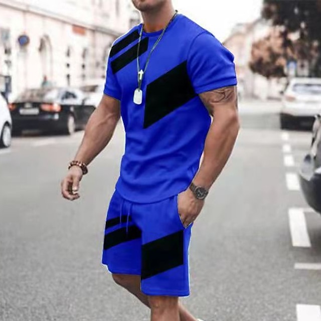  男性用 Tシャツスーツ トラックスーツ テニスシャツ ショーツとTシャツのセット セット カラーブロック クルーネック アウトドア ストリート 半袖 2個 衣類 スポーツ ファッション デザイナー カジュアル