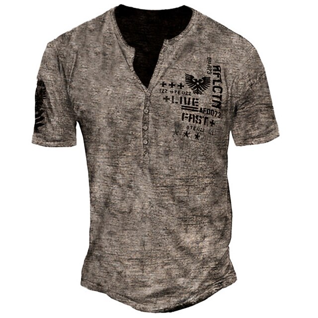 

Men's Unisex Henley Shirt T shirt 3D Print Graphic Prints Letter Henley Street Daily Button-Down Print Short Sleeve Tops Basic Casual Fashion Retro Gray