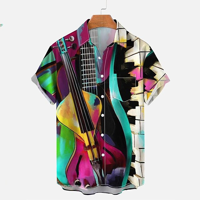 

Men's Shirt Graphic Musical Instrument Turndown Street Casual 3D Button-Down Short Sleeve Tops Casual Fashion Breathable Comfortable Rainbow