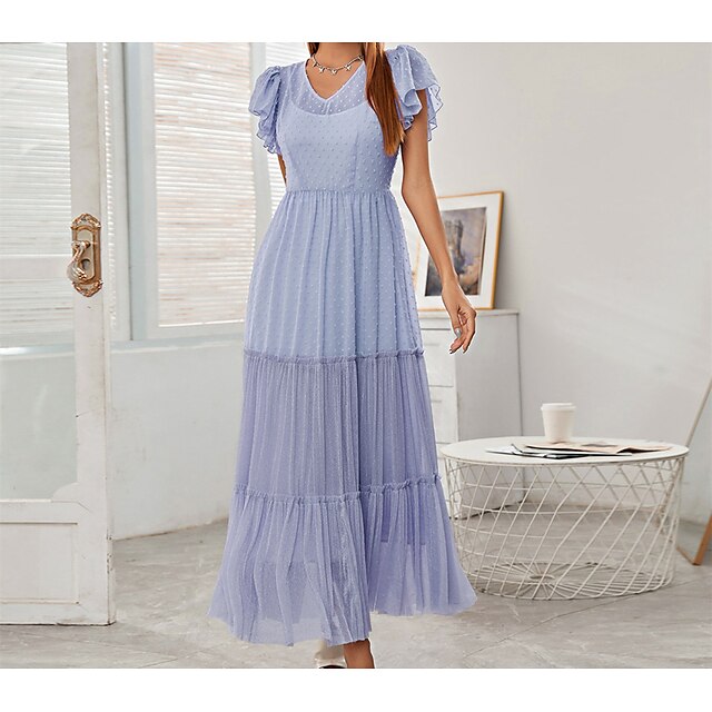 

Women's A Line Dress Maxi long Dress Green Blue Short Sleeve Solid Color Cold Shoulder Spring Summer V Neck Elegant Luxurious Elegant Cap Sleeve Mesh S M L XL / 3D Print