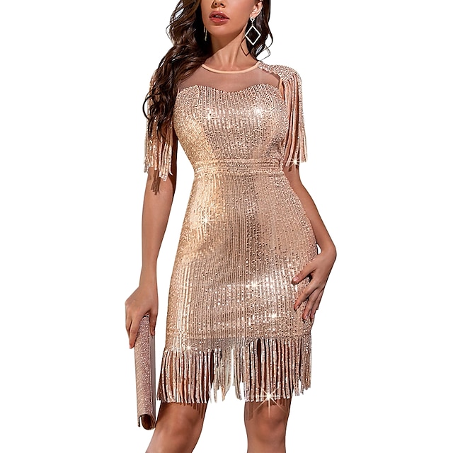 

The Great Gatsby Charleston Roaring 20s 1920s Cocktail Dress Vintage Dress Flapper Dress Prom Dress Women's Sequins Tassel Fringe Sequin Costume Champagne Vintage Cosplay Event / Party Festival