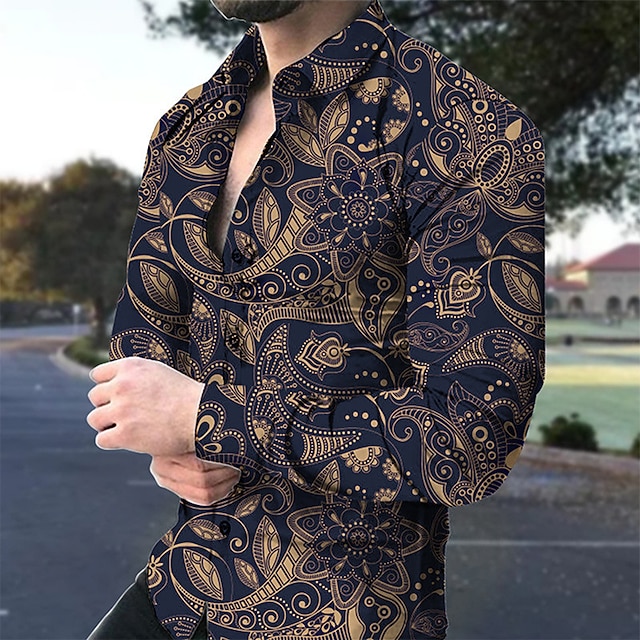  férfi ing, hosszú ujjú, legombolható felsők sötétkék virágos turndown szabadtéri utcai divat alkalmi ingek