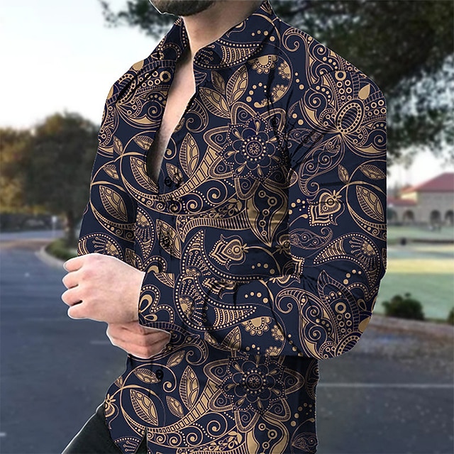  Men's Shirt Graphic Shirt Boho Shirt Floral Turndown Black Army Green Red Navy Blue 3D Print Outdoor Street Long Sleeve Print Button-Down Clothing Apparel Fashion Designer Casual Breathable