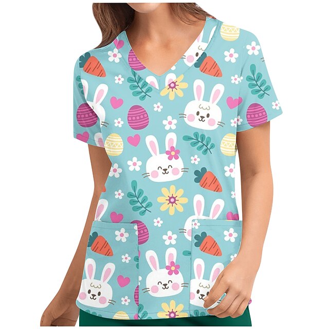 

Women's Floral Theme Happy Easter T shirt Floral Rabbit Animal Print V Neck Basic Tops Blue Black Pink / 3D Print