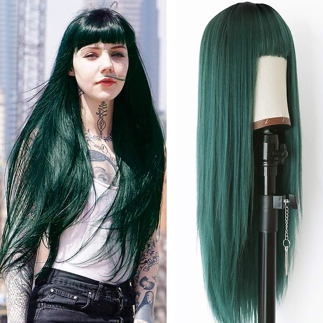  zielona peruka proste włosy peruka z grzywką powietrza maszyna peruka głęboki korzeń gradient zielony 2 kolory długie żaroodporne włókna syntetyczne włosy bez kleju 24 cal