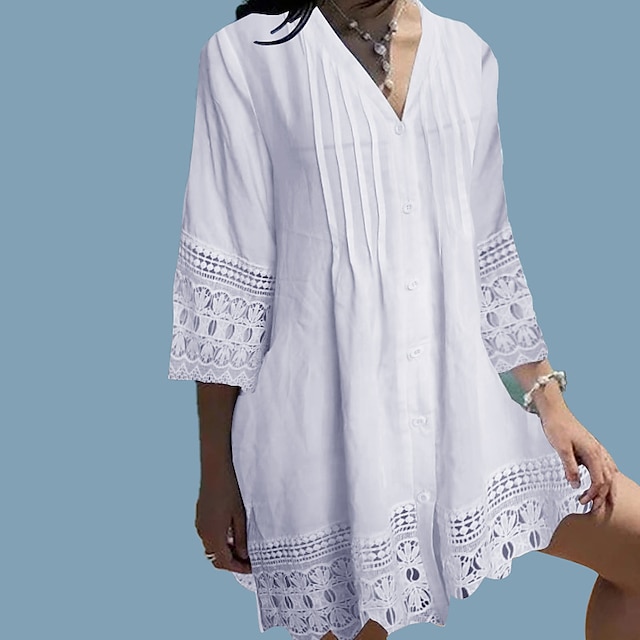 

Women's Shift Dress Short Mini Dress White Pink Blue Black 3/4 Length Sleeve Pure Color Embroidered Spring Summer V Neck Work Casual 2022 S M L XL XXL 3XL 4XL 5XL