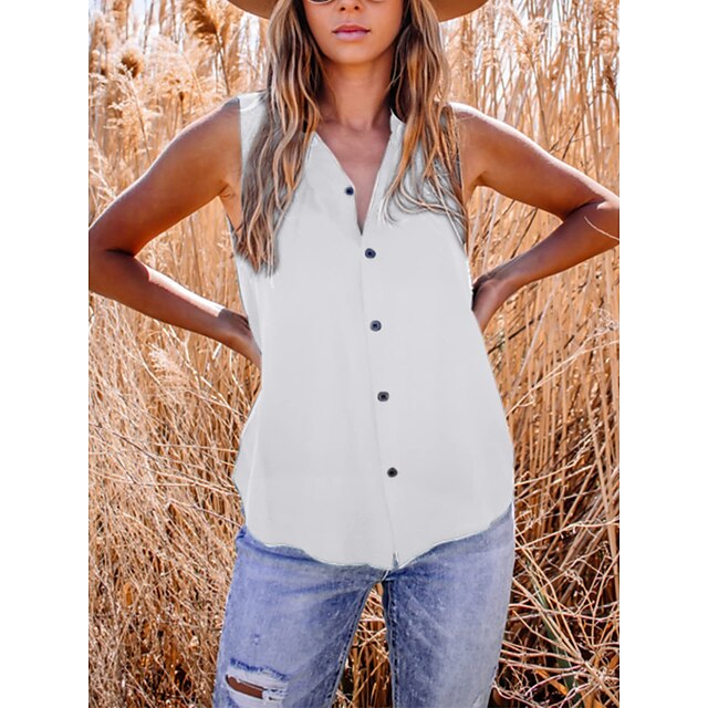 

Women's Tank Top Plain Button Standing Collar Basic Tops White Black Wine