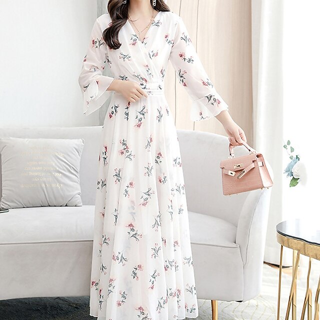 

Women's A Line Dress Maxi long Dress White Red Long Sleeve Floral Print Spring Summer V Neck Elegant Romantic 2022 M L XL XXL 3XL 4XL