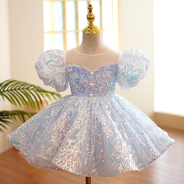 

Kids Little Girls' Dress Sequin A Line Dress Special Occasion Birthday Sequins Sparkle Blue Knee-length Short Sleeve Princess Cute Dresses Summer Regular Fit 3-12 Years