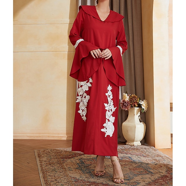 

Women's A Line Dress Maxi long Dress Red Long Sleeve Pure Color Chiffon Spring Summer V Neck Elegant Luxurious Elegant Puff Sleeve Mesh S M / Party Dress