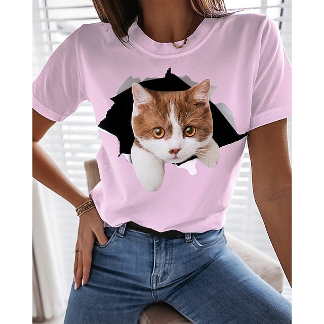  Women's T shirt Tee Green Blue Pink Cat 3D Print Short Sleeve Casual Weekend Basic Round Neck Regular Cotton 3D Cat Painting S
