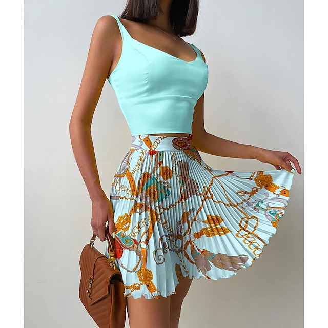 

Women's Basic Painting Casual Vacation Two Piece Set Crop Top Tank Top Skirt Sets Skirt Pleated Print Tops