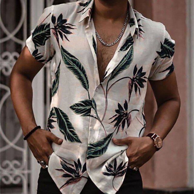 

Men's Shirt 3D Print Leaves Turndown Street Casual 3D Button-Down Short Sleeve Tops Casual Fashion Breathable Comfortable White