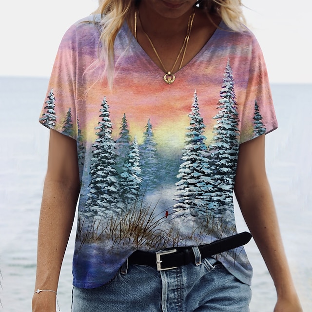 

Women's Floral Theme Painting T shirt Plants 3D Print V Neck Basic Tops Orange