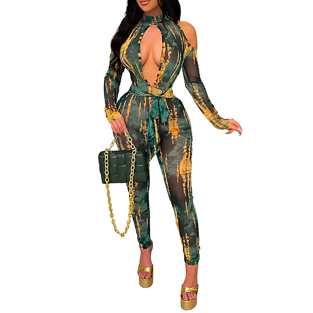 

Women's Jumpsuit Mesh Print Print Crew Neck Active Party Club Bodycon Long Sleeve Cold Shoulder Green S M L All Seasons