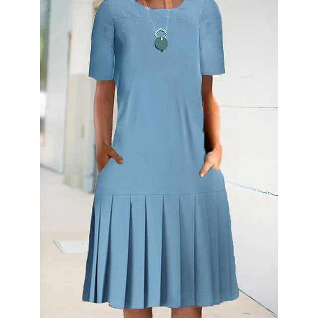 

Women's A Line Dress Knee Length Dress Blue Gray Purple Short Sleeve Solid Color Ruched Summer Crew Neck Vintage 2022 S M L XL XXL 3XL 4XL 5XL
