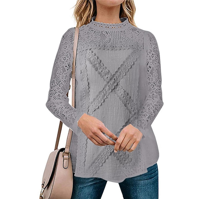 

Women's Blouse Shirt Plain Lace Patchwork Round Neck Casual Streetwear Tops Black Gray Light Blue