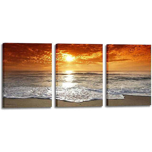 Canvas Prints Wall Art Sunset Ocean Beach Pictures White waves Photo Painting Living Room Bedroom Home Decoration Stretching Framed