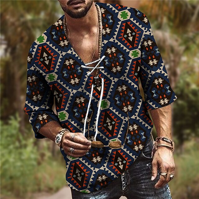 

Men's Shirt 3D Print Geometry V Neck Casual Daily 3D Print Drawstring 3/4 Length Sleeve Tops Casual Fashion Designer Comfortable Navy Blue