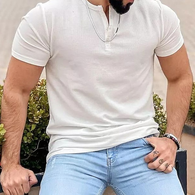 

Men's T shirt Solid Color Crew Neck Casual Daily Button-Down Short Sleeve Tops Lightweight Fashion Big and Tall Sports White