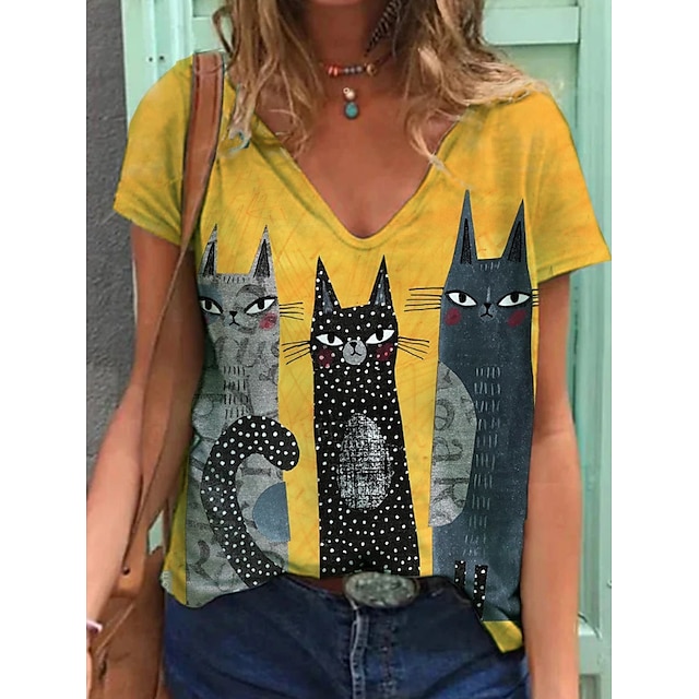 

Women's Cat Painting T shirt Cat Print V Neck Basic Tops Gray Khaki Red / 3D Print
