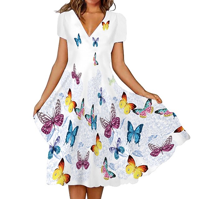 

Women's A Line Dress Midi Dress Green Blue White Pink Red Short Sleeve Floral Butterfly Print Spring Summer V Neck Elegant Modern 2022 S M L XL XXL 3XL