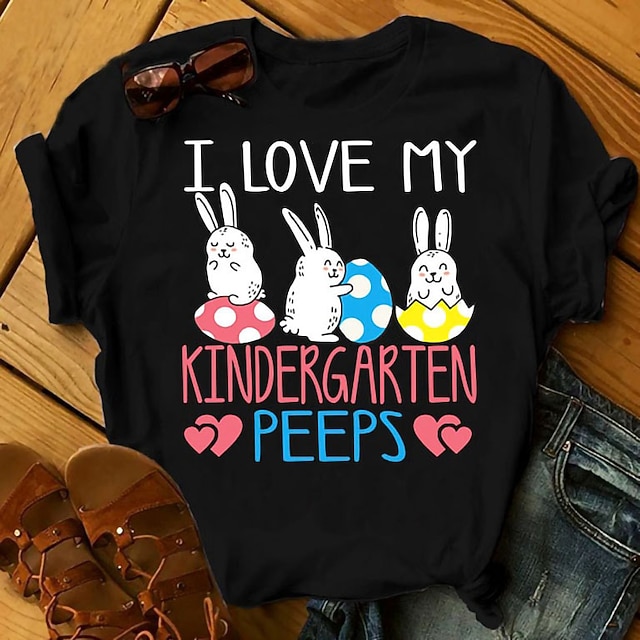 

Women's Happy Easter Painting T shirt Text Rabbit Animal Print Round Neck Basic Tops Green Blue White