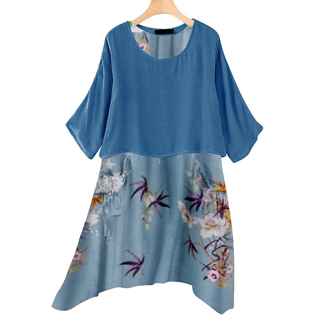 

Women's Two Piece Dress Short Mini Dress Blue Short Sleeve Floral Print Spring Summer Crew Neck Casual Linen S M L XL XXL 3XL 4XL 5XL