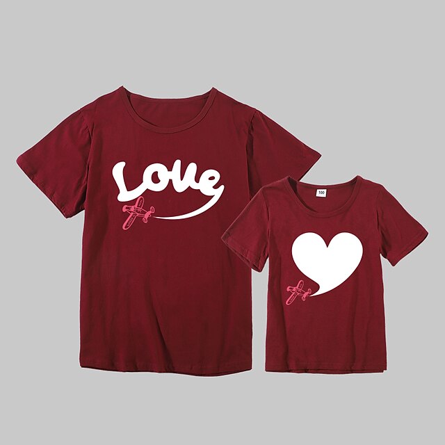 Baby & Kids Matching Outfits | Mommy and Me Valentines T shirt Tops Cotton Graphic Heart Letter Daily Print Black Pink Wine Shor