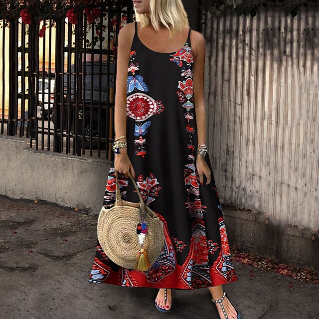 

Women's A Line Dress Maxi long Dress White Black Dark Blue Yellow Light Blue Sleeveless Print Print Summer U Neck Spaghetti Strap Elegant Vacation 2022 S M L XL XXL