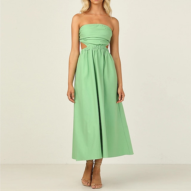 

Women's Swing Dress Maxi long Dress Green Sleeveless Solid Color Patchwork Hollow To Waist Summer Strapless Stylish Casual 2022 S M L XL