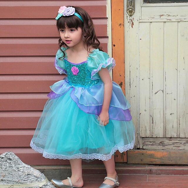 

Kids Little Girls' Dress Solid Colored Mermaid A Line Dress Birthday Performance Sequins Ruched Mesh Light Blue Midi Short Sleeve Costume Cute Dresses Fall Summer Regular Fit 2-8 Years