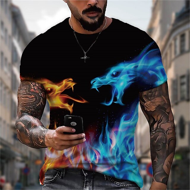 

Men's Unisex T shirt 3D Print Dragon Graphic Prints Flame Crew Neck Street Daily Print Short Sleeve Tops Casual Designer Big and Tall Sports Black